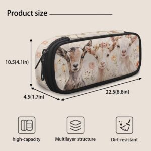 STUOARTE Goat Flower Printed Large Pencil Case, Aesthetic Pencil Pouch with Zipper for Kids School, Stationery Pouch Pen Case School Supplies for College Students Girls Boys Adults