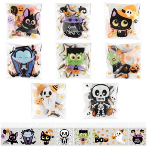 lomimos 200pcs halloween candy bags,self-adhesive cellophane treat bags 8 styles cute for kids gift packing party favor supplies