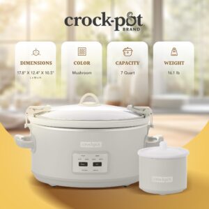 Crock-Pot 7 Quart Cook and Carry Slow Cooker with Touch Control, 4 Pre Programmed Settings, Removable Stoneware, and Locking Lid, Mushroom