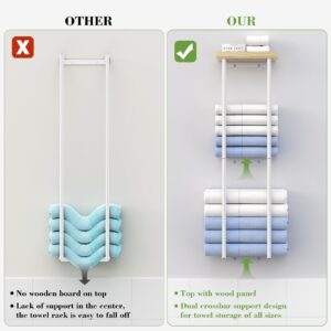 Anfeichen Towel Rack Wall Mounted, 2 Tier Bath Towel Storage Holder with Wooden Shelf, Metal Towel Rack for Small Bathroom Organizer, White