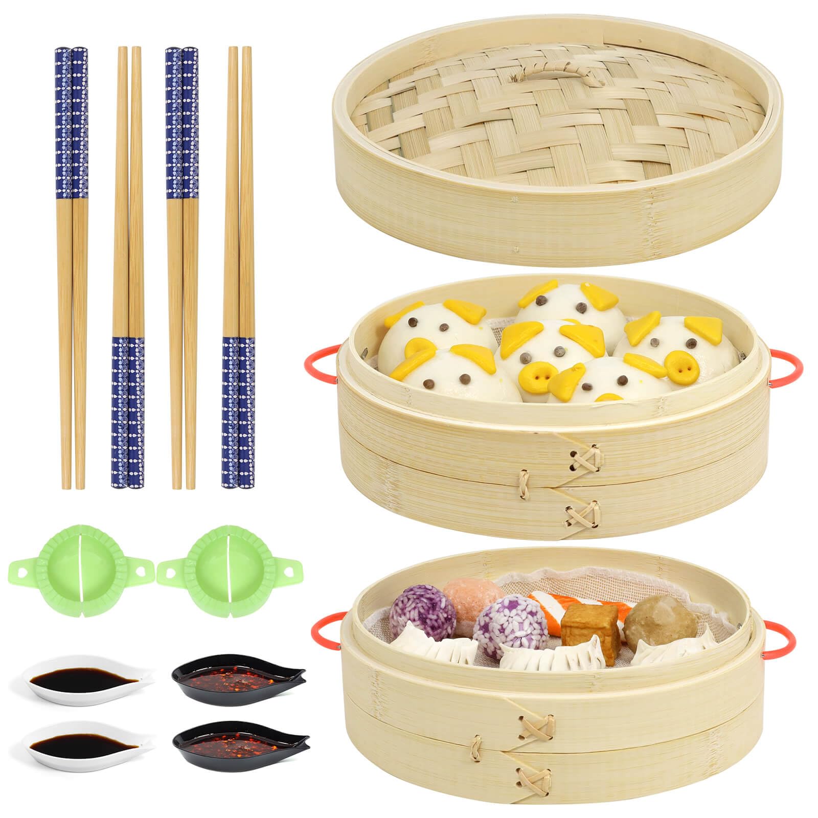 Novellaire 8-Inch Bamboo Steamer - 2 Tier Cooking Basket with Handles, Includes 2 Cotton Liners, 2 Dumpling Molds, 4 Pairs Chopsticks & 4 Sauce Dishes