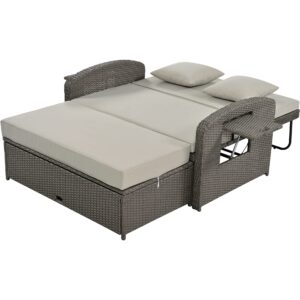 Wicker Patio Outdoor Daybed with Adjustable Backrest, Outdoor Sun Bed with Storage Ottoman & Foldable Trays, Wicker Rattan Daybed with Cushions and Pillows for Poolside, Porch, Backyard (Grey)