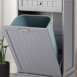 KIGOTY Tilt Out Trash Cabinet,Wooden Kitchen Trash Bin Holder Garbage Bin Recycling Cabinet Laundry Hamper with Solid Wood Countertop and Hideaway Drawer,Gray