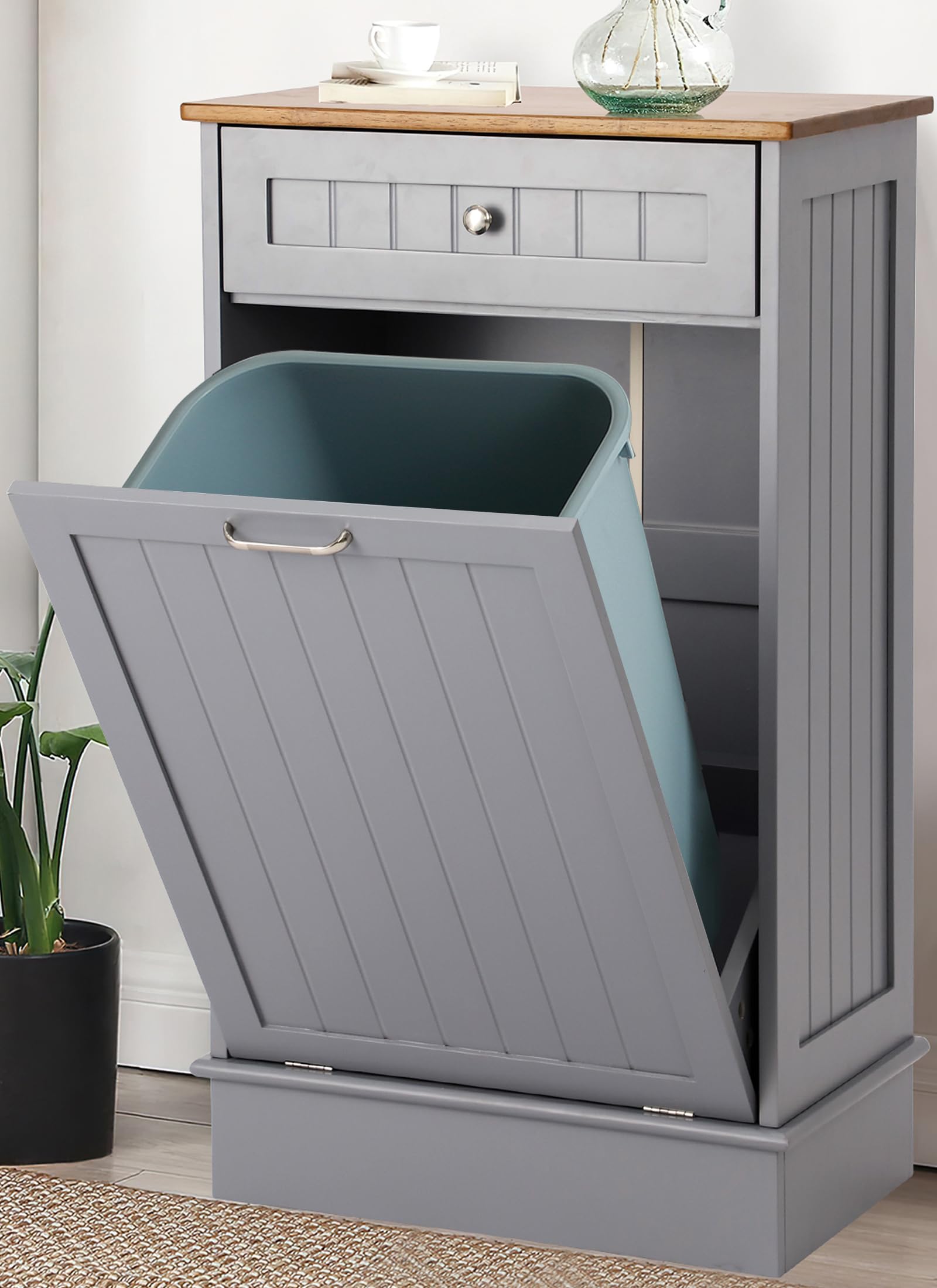 KIGOTY Tilt Out Trash Cabinet,Wooden Kitchen Trash Bin Holder Garbage Bin Recycling Cabinet Laundry Hamper with Solid Wood Countertop and Hideaway Drawer,Gray