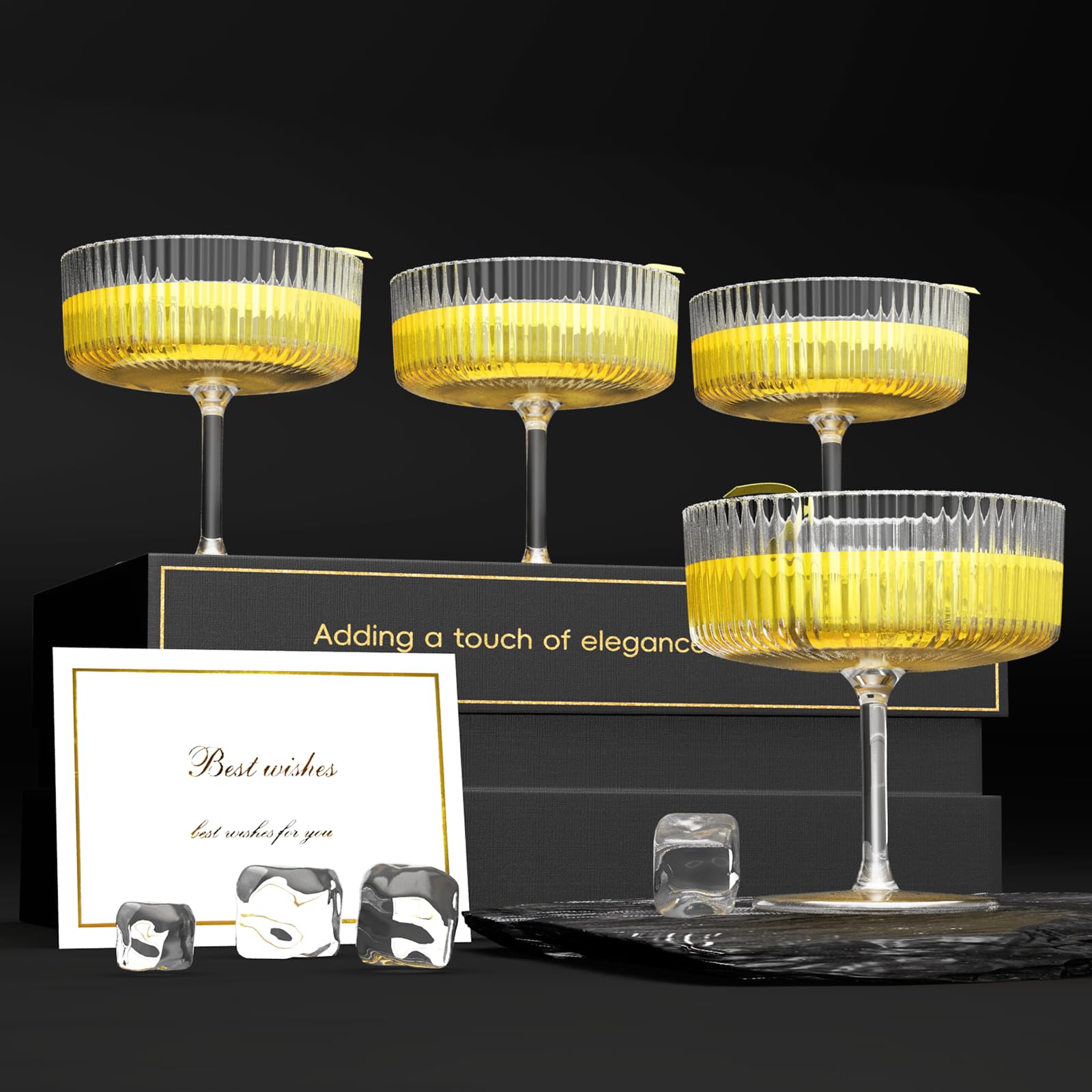 Ribbed Coupe Glasses Set of 4, Hand Blown 10 oz Vintage Cocktail Glasses, Vintage Art Deco Martini Glasses Set with Present Box for Espresso Martini, Champagne, Cosmopolitan, Manhattan, Cocktail Party