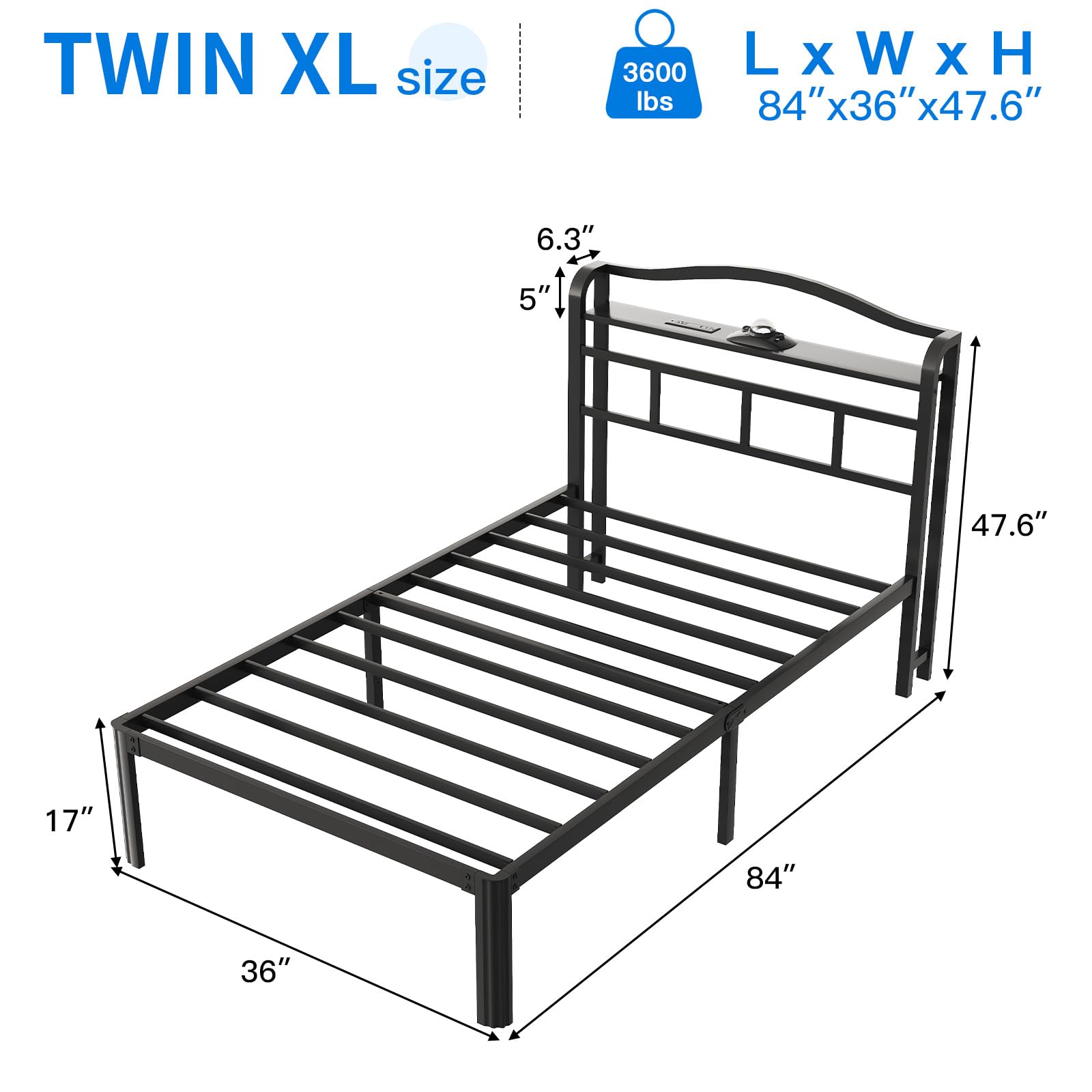 UOMEUR Twin XL Size Bed Frames with Smart Outlet and Galaxy Holographic Projection Lights,47.6" H Heavy Duty Metal Headboard,17" Hidden Storage,No Box Spring Needed/Noise-Free/Easy Assembly