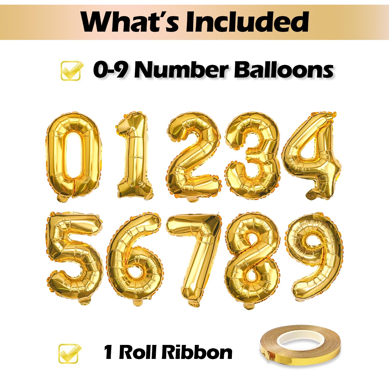 [10] 16" Number Gold Foil Balloons 0-9 set, Mylar Aluminum Hanging Numbers for Graduation Birthday Party Decorations Christmas New Year eve (10 Pcs)