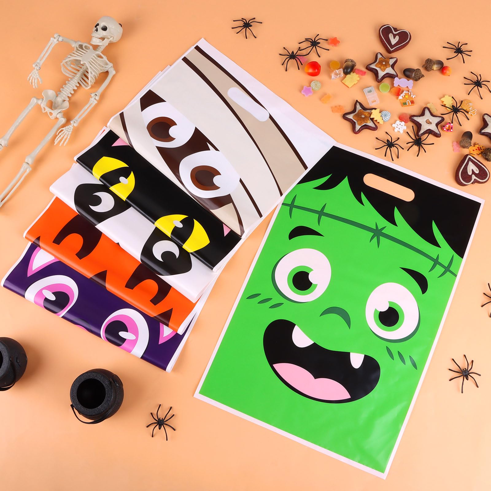 CCINEE 72 Pcs Halloween Goodie Candy Bags Large Trick-or-Treat Bags with Handle Plastic Gift Bag Party Favor Supplies for Halloween Party Favor