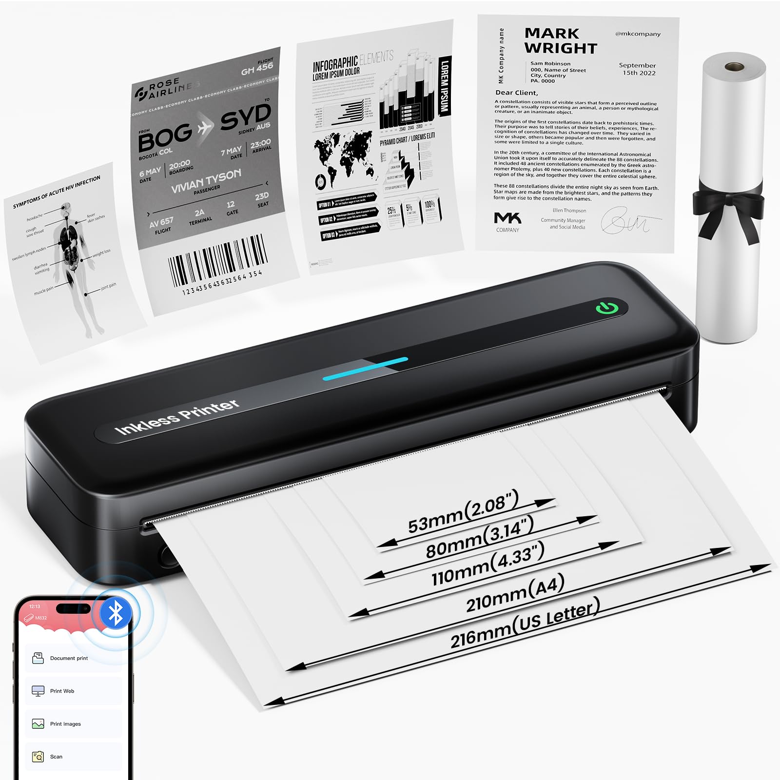 Omezizy Portable Printer Wireless Travel - Upgarde Portable Thermal Printer with Paper Bin, Portable Printers Wireless for Travel, Rechargeable Travel Printer Support US Letter and Multiple Sizes