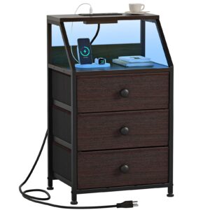 reahome nightstand with charging station and led light, tall brown bedside table with 3 fabric drawers and 2-tier storage shelves, modern night stands with wooden top for bedroom - dark brown