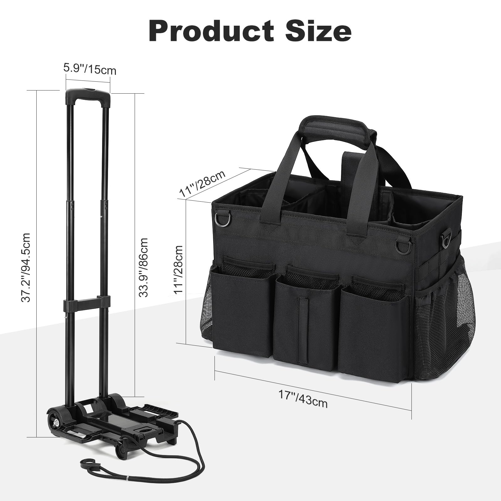 Housolution Rolling Cleaning Caddy Bag with Detachable Trolley, Professional Portable Large Cleaning Bag with Wheels, Wearable Cleaning Supply Bag with Handle on Wheels for Housekeepers