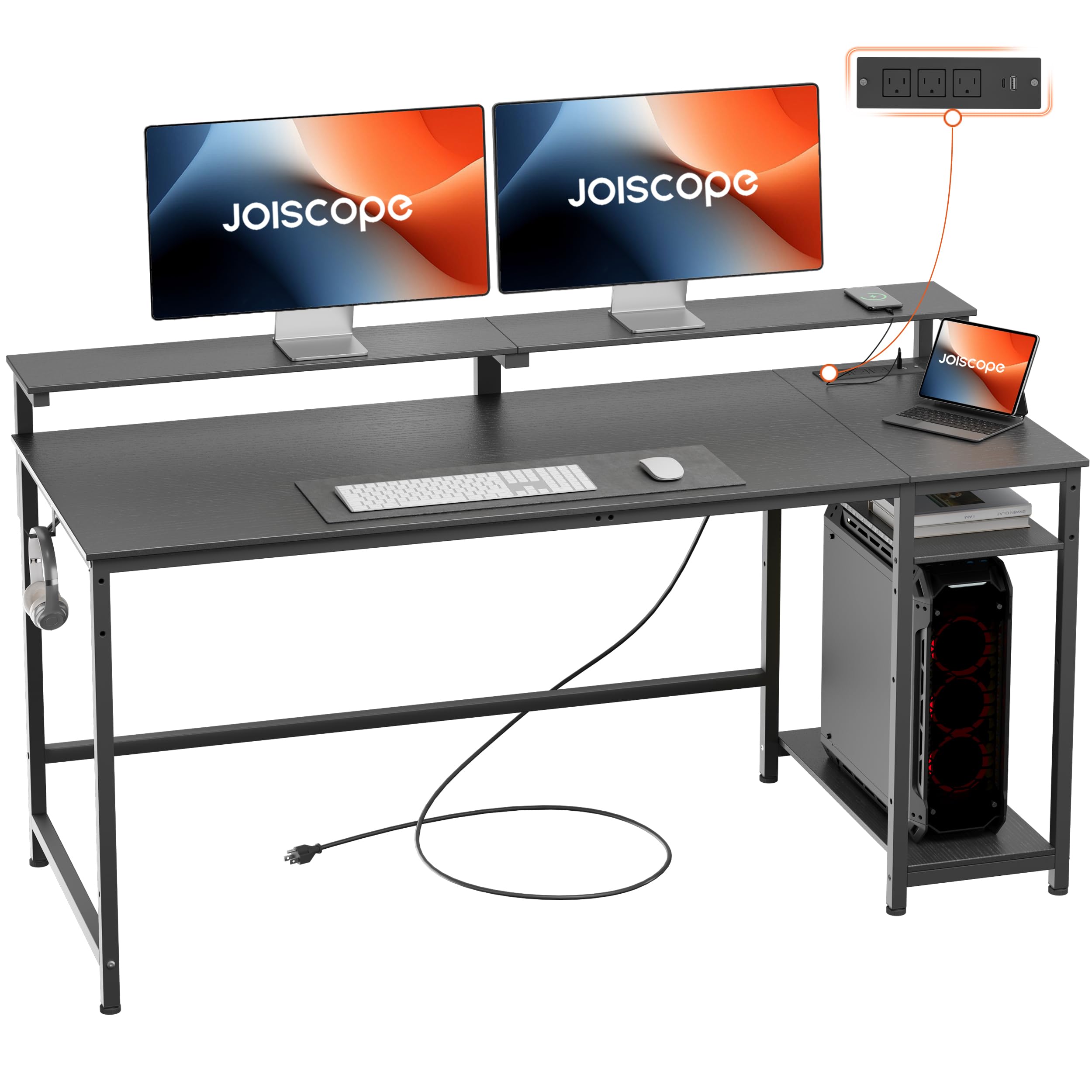 JOISCOPE Home Office Desk with Power Outlets (3AC, USB, Type-C), 60 × 20 Inch Computer Desk with Reversible Shelves, Laptop Table with Display Riser, Gaming Study Drafting Table for Bedroom, Black