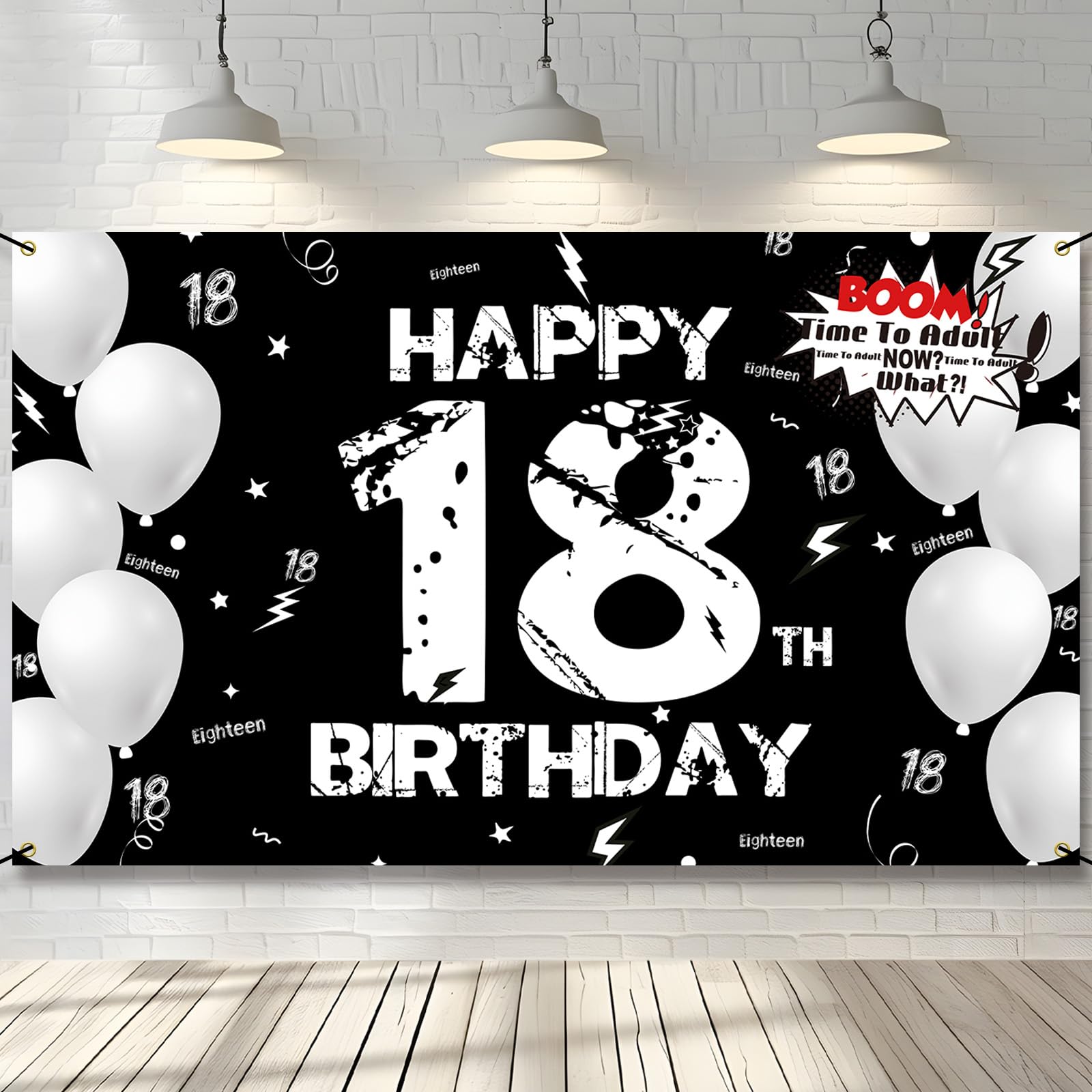 PHXEY 18th Birthday Decoration for Men Women, Fabric Happy 18th Birthday Backdrop Banner Black White, 18 Year Old Birthday Party Yard Sign Photo Booth Props Decor Supplies for Boys Girls