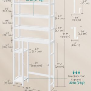 SONGMICS Over The Toilet Storage Shelf with Toilet Paper Holder, Bamboo Bathroom Organizer with Adjustable Shelves, 10.2 x 32.7 x 72.8 Inches, 4 Hooks, Storage Rack, Cloud White UBTS017W01