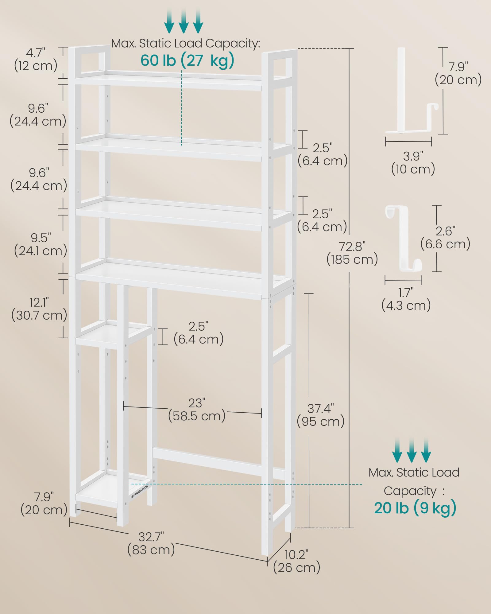 SONGMICS Over The Toilet Storage Shelf with Toilet Paper Holder, Bamboo Bathroom Organizer with Adjustable Shelves, 10.2 x 32.7 x 72.8 Inches, 4 Hooks, Storage Rack, Cloud White UBTS017W01