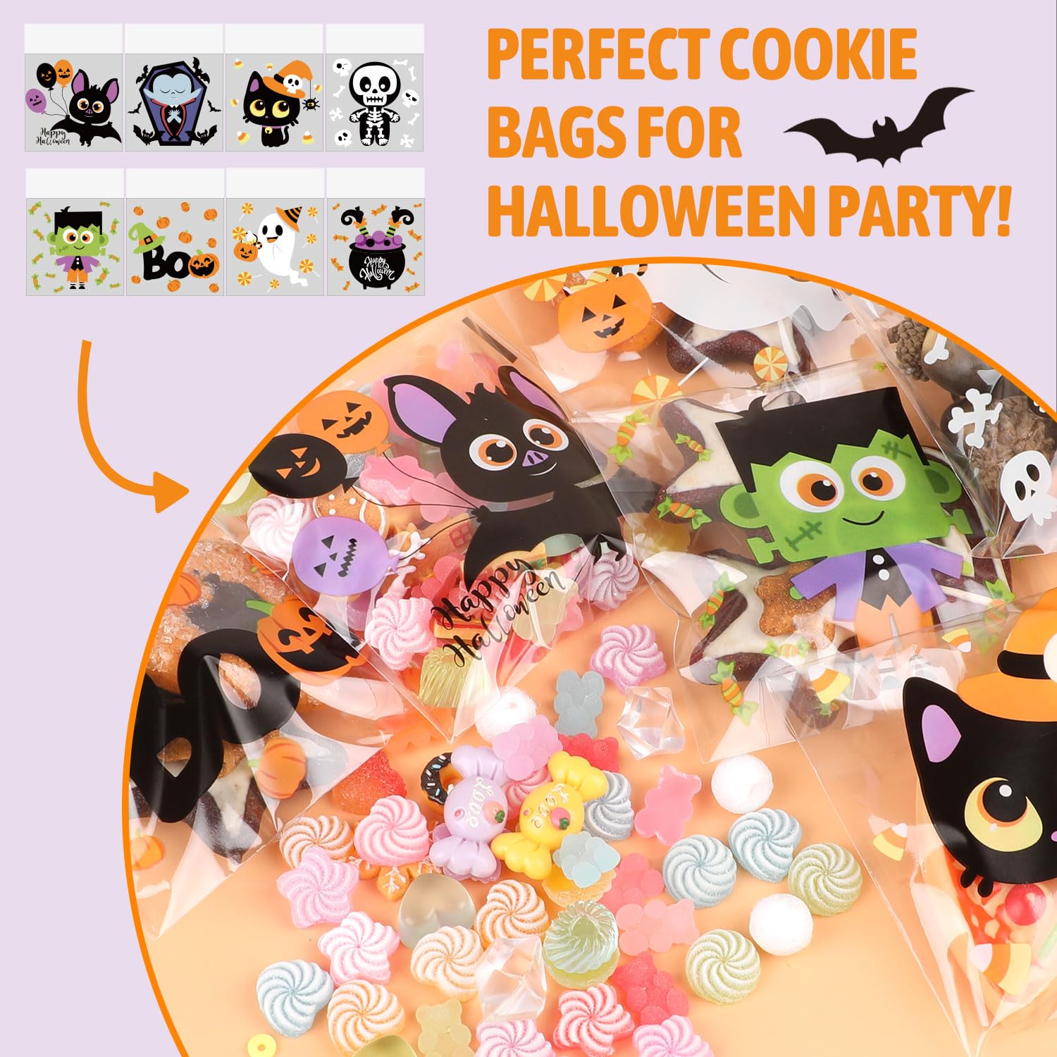 LOMIMOS 200pcs Halloween Candy Bags,Self-Adhesive Cellophane Treat Bags 8 Styles Cute for Kids Gift Packing Party Favor Supplies