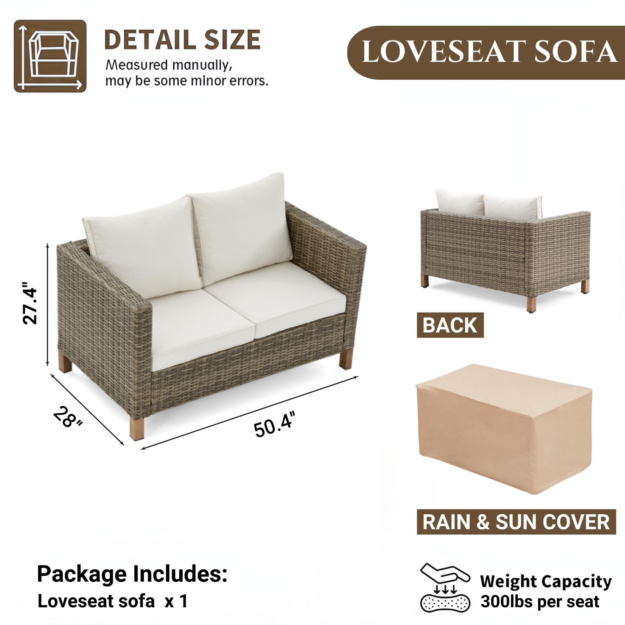 Outdoor PE Wicker Loveseat Sofa, All Weather 2 Seater Small Patio Sofa with Anti-Slip Cushions, Rattan Loveseat Couch Outdoor Furniture for Backyard,Garden,Porch, Beige