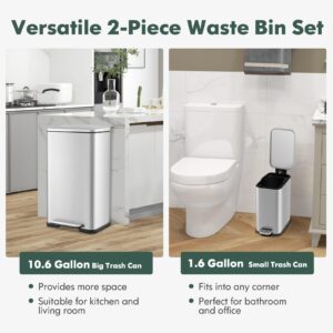 Goplus Step Trash Can Combo Set, 10.6 Gal and 1.6 Gal Stainless Steel Waste Bin with Detachable Inner Buckets, Stay-Open & Soft-Closing Lids, 2 Pack Garbage Can for Kitchen, Bathroom & Office