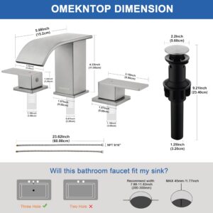 Brushed Nickel Bathroom Faucet 3 Hole, OMEKNTOP 8 Inch Waterfall Bathroom Faucet with Overflow Pop Up Drain and cUPC Hose, Two Handle Bathroom Sink Faucet for Basin Lavatory Vanity