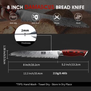 HOSHANHO Bread Knife,8 Inch Serrated Bread Knife Ultra Sharp Damascus Steel Bread Kitchen Knife, Professional Bread Knife for Homemade Bread