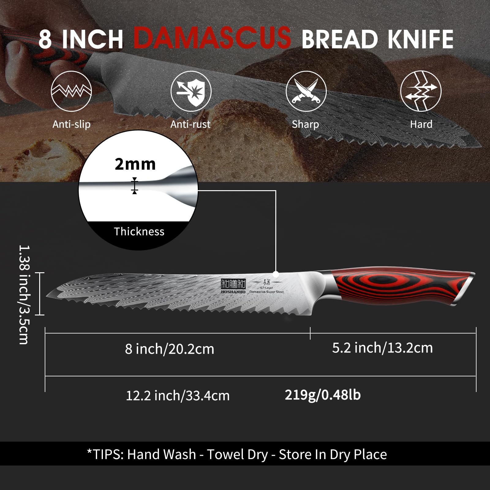 HOSHANHO Bread Knife,8 Inch Serrated Bread Knife Ultra Sharp Damascus Steel Bread Kitchen Knife, Professional Bread Knife for Homemade Bread