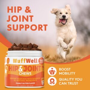 WuffWell Dog Hip and Joint Supplement - Pain and Inflammation Relief Chews with Glucosamine, Chondroitin, MSM, Turmeric - 140ct - Treats Hip Dysplasia, Arthritis - Dogs Chewable Supplements - USA Made