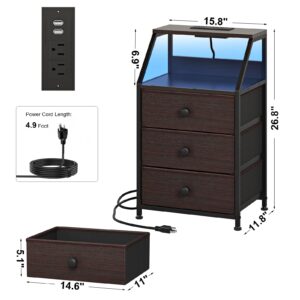 REAHOME Nightstand with Charging Station and Led Light, Tall Brown Bedside Table with 3 Fabric Drawers and 2-Tier Storage Shelves, Modern Night Stands with Wooden Top for Bedroom - Dark Brown