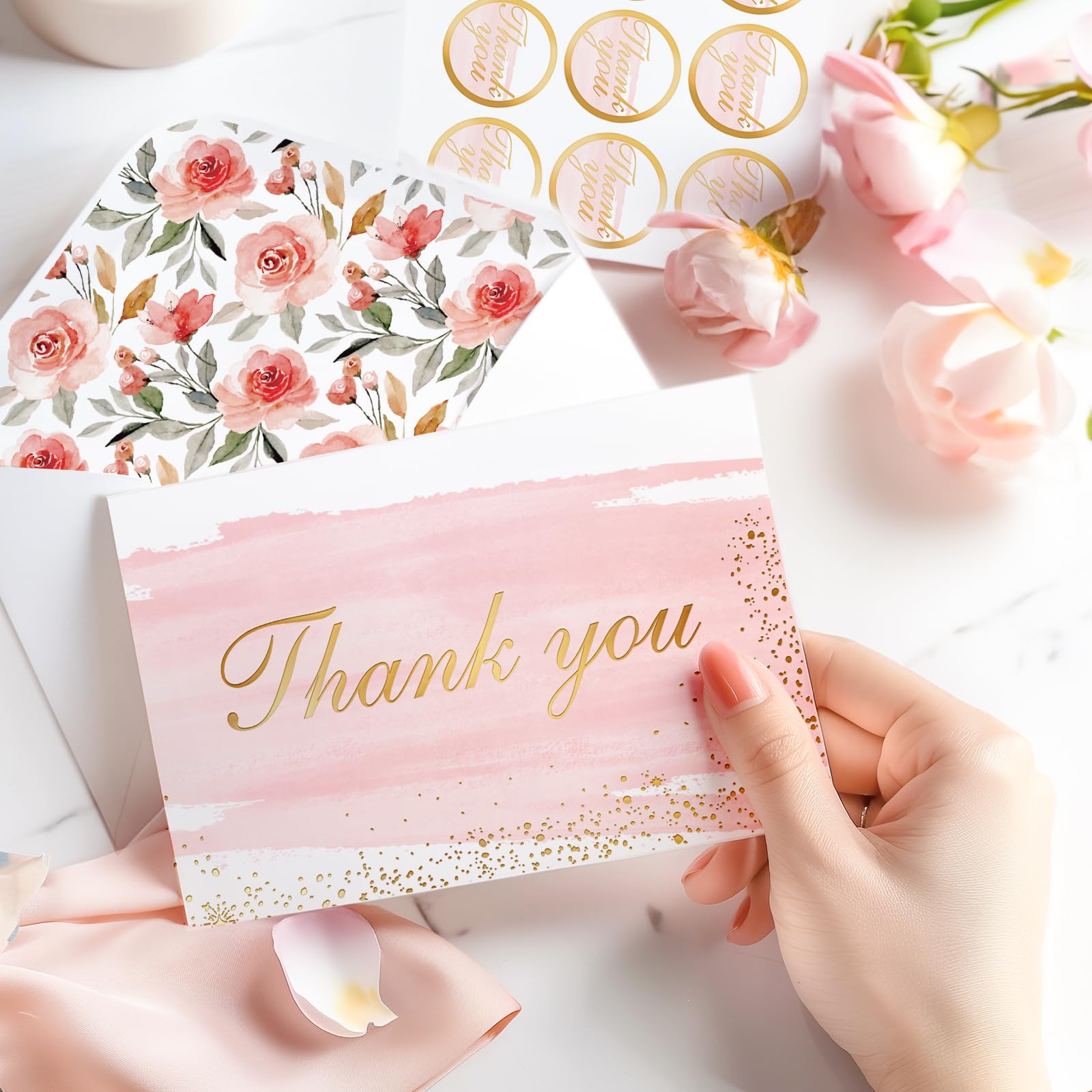 30 Thank You Cards with Envelopes Blank Gold Foil&Watercolor Bulk Box Set with Elegant Floral Envelopes &Stickers for Wedding, Baby Shower, Bridal Shower, Business, Anniversary - 4" x 6"