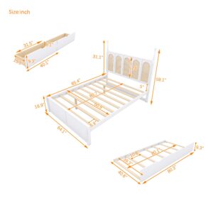 SOFTSEA Queen Size Platform Bed with Trundle and 2 Storage Drawers, Wood Platform Bed with Rattan Headboard, Rattan Bed Frame with Wood Support Slats, No Box Spring Needed, White