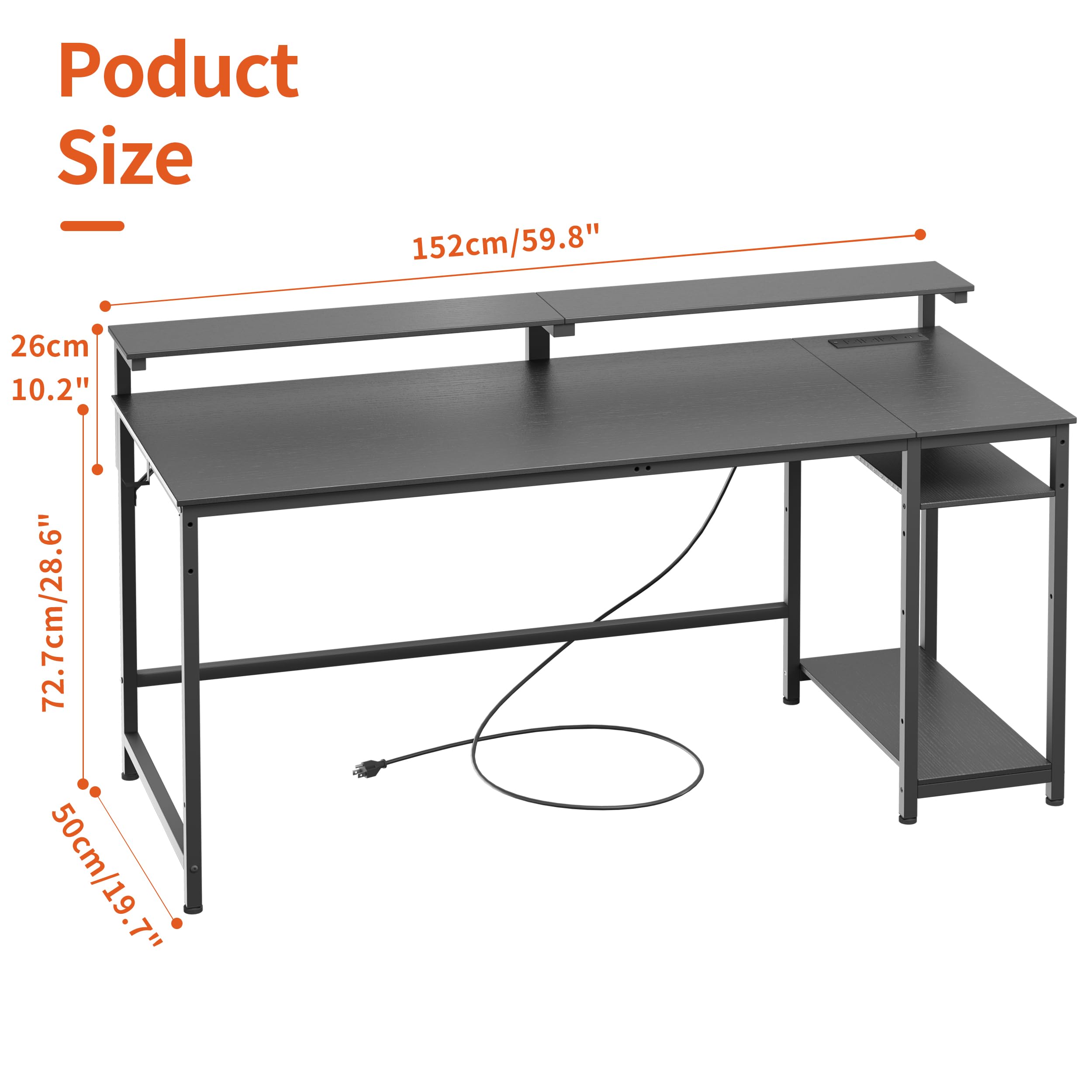 JOISCOPE Home Office Desk with Power Outlets (3AC, USB, Type-C), 60 × 20 Inch Computer Desk with Reversible Shelves, Laptop Table with Display Riser, Gaming Study Drafting Table for Bedroom, Black