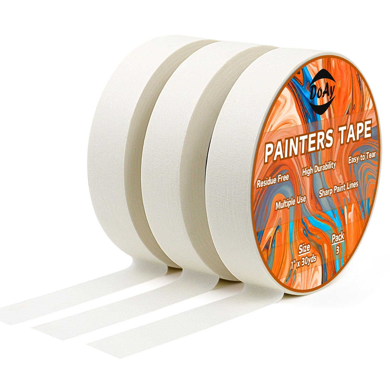 DOAY 3 Pack White Painters Tape - Masking Tape 1 inch Wide - Multi-Surface, Smart Adhesion, Indoor & Outdoor Use - Paint Tape for DIY, Labeling, Art, Car, General Purpose - 270FT Total