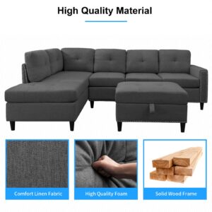 PUREMIND Modular Sectional Sofa, Convertible L Shaped Sectional Couches with Reversible Storage Ottoman for Living Room, Linen 5 Seats U Shaped Sofa Sleeper with Cup Holder (Dark Grey)