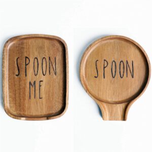 set of 2 wood spoon rest for stove top - smooth acacia wood spoon holder for kitchen counter with non slip silicone feet,perfect holder for,spatulas tongs and spoons, brown (labeled "spoon")