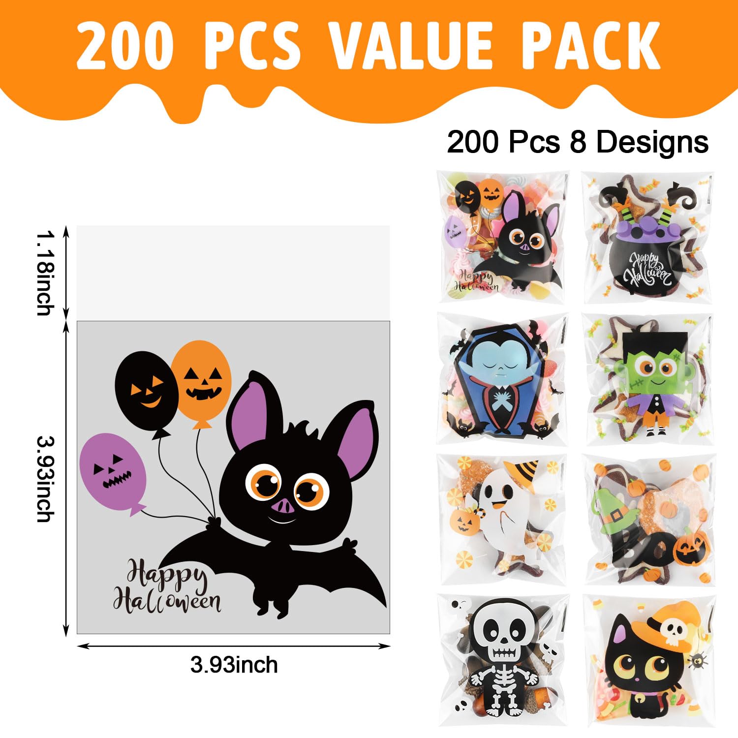 LOMIMOS 200pcs Halloween Candy Bags,Self-Adhesive Cellophane Treat Bags 8 Styles Cute for Kids Gift Packing Party Favor Supplies