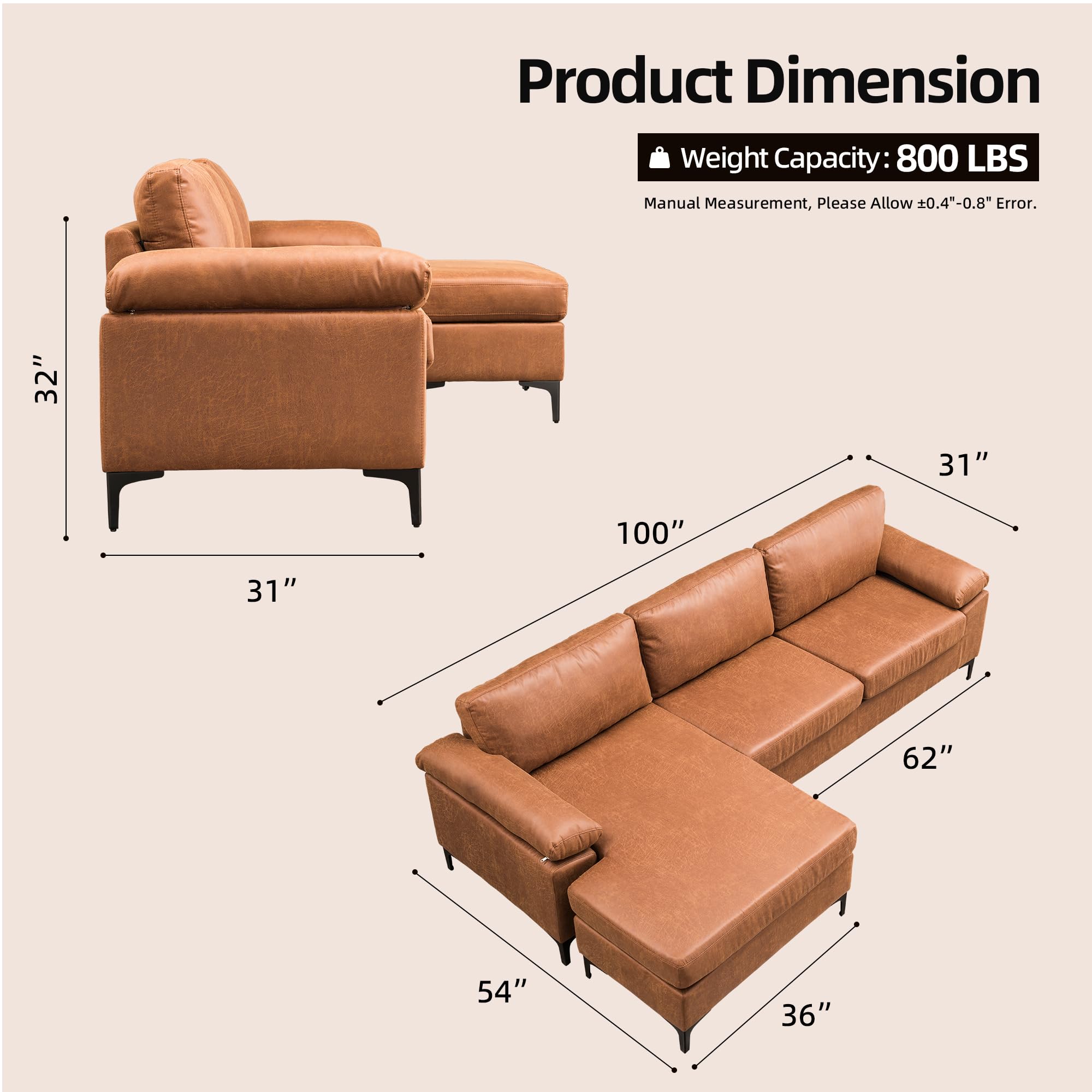 POUUIN 100" Faux Leather Convertible Sectional Sofa Couches for Living Room,3 Seater L Shaped Sofa Couch with Reversible Chaise,Mid-Century Modern Comfy Deep Seat Sofa (Brown,Suede Fabric)