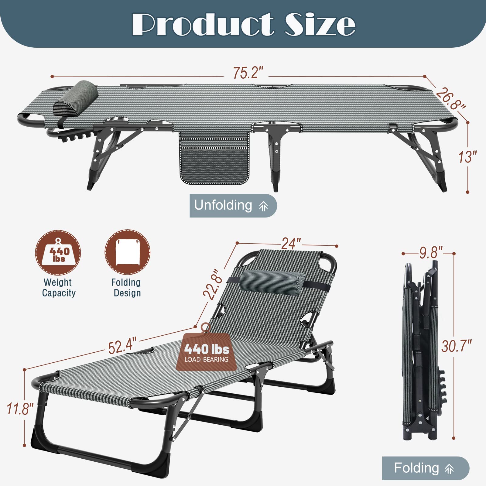 DoCred Folding Chaise Lounge Chair, Folding Cot, 5-Position Adjustable Heavy Duty Patio Chaise Lounges for Outside, Poolside, Beach, Lawn, Camping