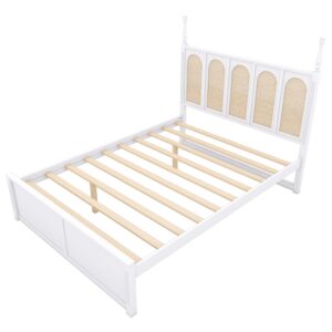 SOFTSEA Queen Size Platform Bed with Trundle and 2 Storage Drawers, Wood Platform Bed with Rattan Headboard, Rattan Bed Frame with Wood Support Slats, No Box Spring Needed, White