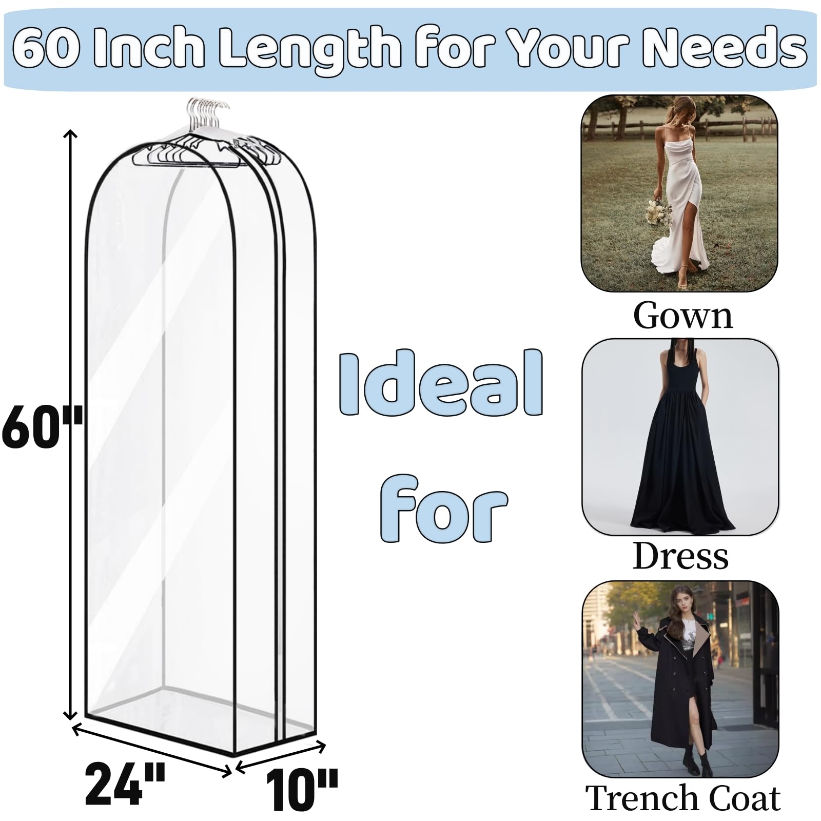 Pumtus 4 Pack 60" Clear Garment Bags, 10" Gusseted Suit Bags for Closet Storage, Plastic Hanging Clothes Cover, Garment Cover with Side Zipper, Dust Cover Protector Bag for Dress, Gowns, Jacket, Coat