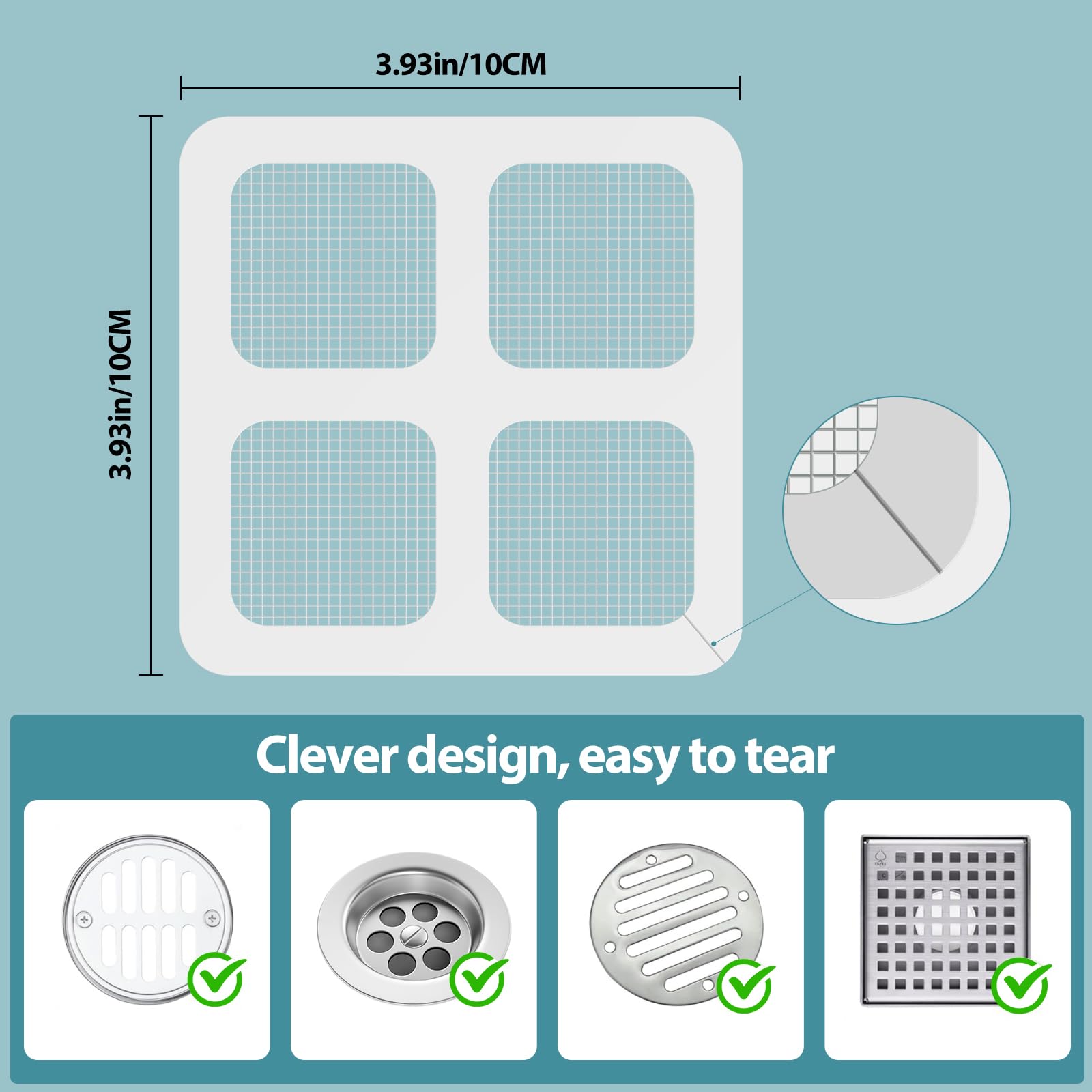 30 PCS, 4" X 4" Disposable Shower Drain Cover Hair Catcher Shower Drain Mesh Stickers, Kitchen, Laundry, Bathtub,Bathroom, Sink, for Human and pet Hair