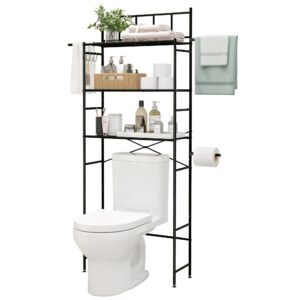 MallCreaty Over The Toilet Storage, 3 Tier Bathroom Organizer Shelf with X-Shaped Bar, Above Toilet Storage Rack with 4 Hooks, Grey