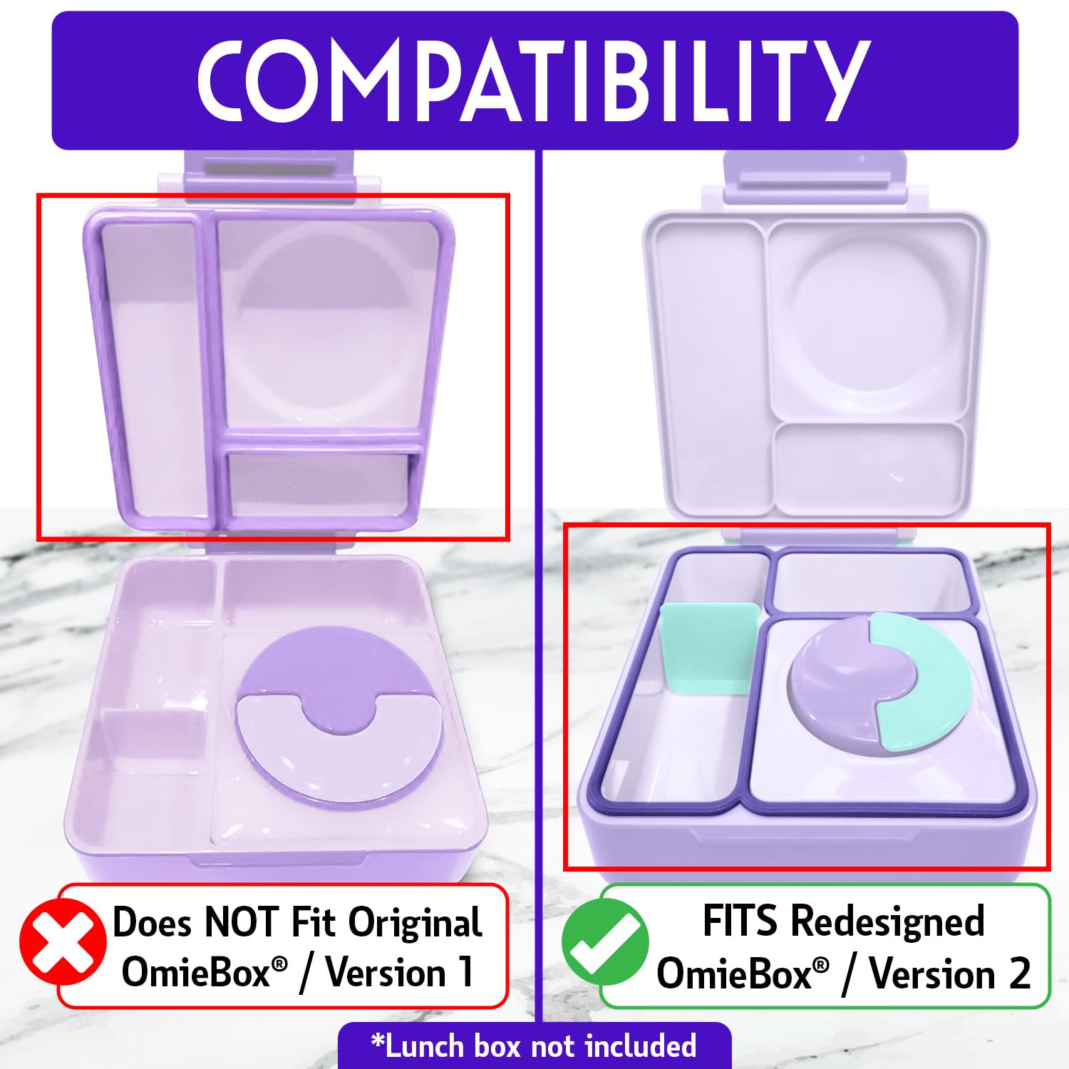 [2 Pack] Lid Seal Gasket For OmieBox - Exact Fit Replacement Part For Kids Bento Lunch Box With Insulated Food Container - 100% Food-Safe Silicone Rubber (Purple) - Lunch Box NOT Included