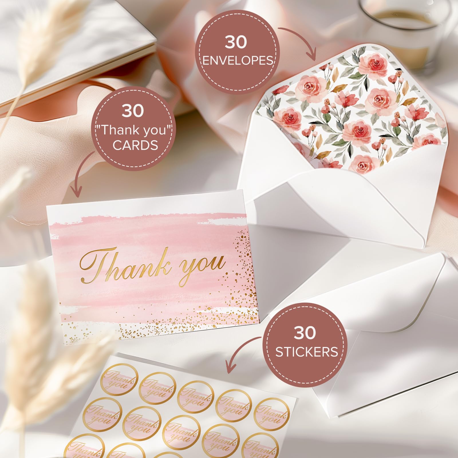 30 Thank You Cards with Envelopes Blank Gold Foil&Watercolor Bulk Box Set with Elegant Floral Envelopes &Stickers for Wedding, Baby Shower, Bridal Shower, Business, Anniversary - 4" x 6"