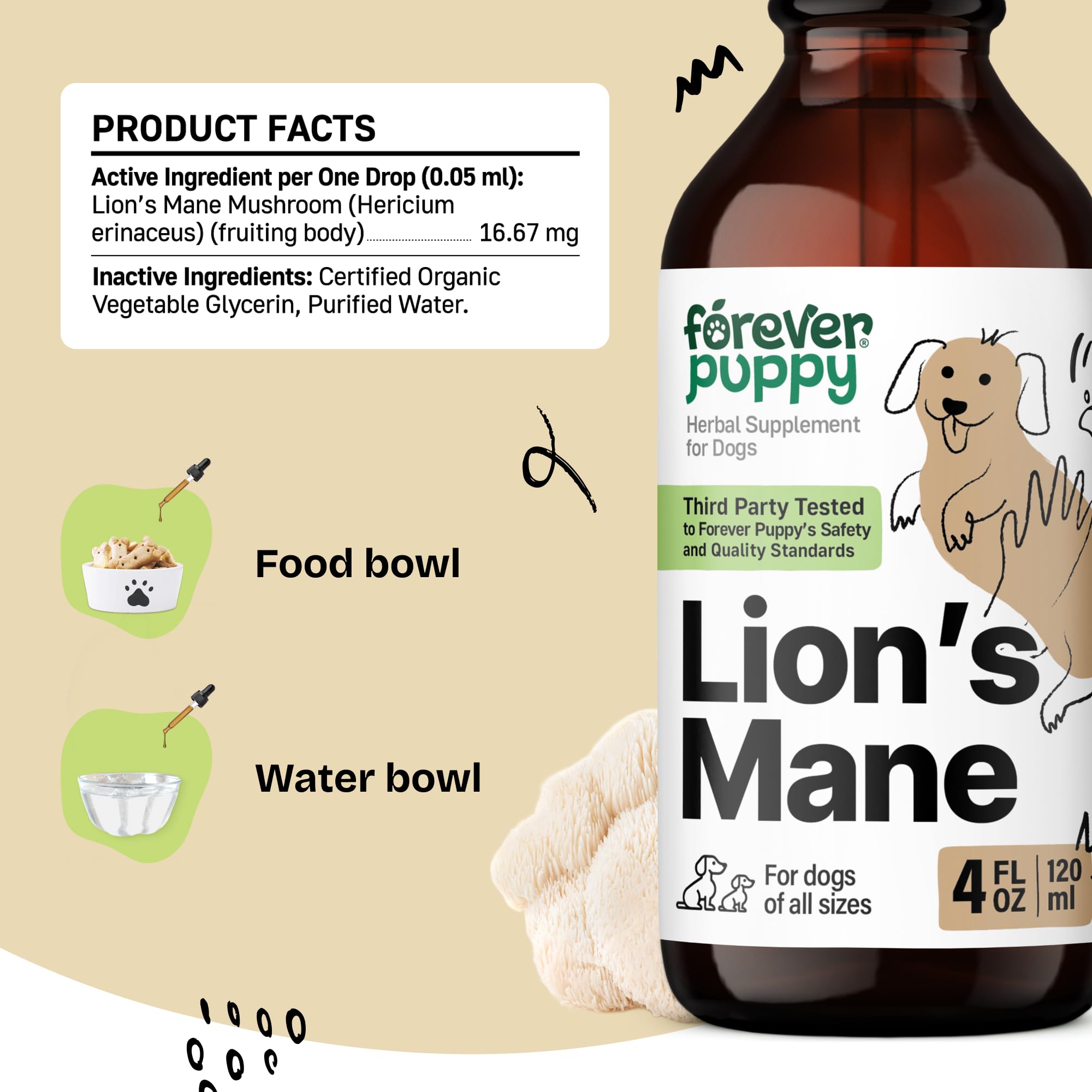 Lion's Mane Mushroom Supplement for Dogs - Liquid Drops for Dog Brain Health w/Lions Mane - Vegan Dog Supplements - Vitamins for Essential Brain Support & Focus - No Preservatives - 4 oz