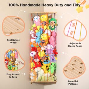 Stuffed Animal Storage Toy Storage Organizer, Wood & Rainbow Elastic Rope Plushies Organizer toy net Adjustable Length Stuffed Animal hammock Corner, Large Kids Furniture for Nursery Playroom Bedroom