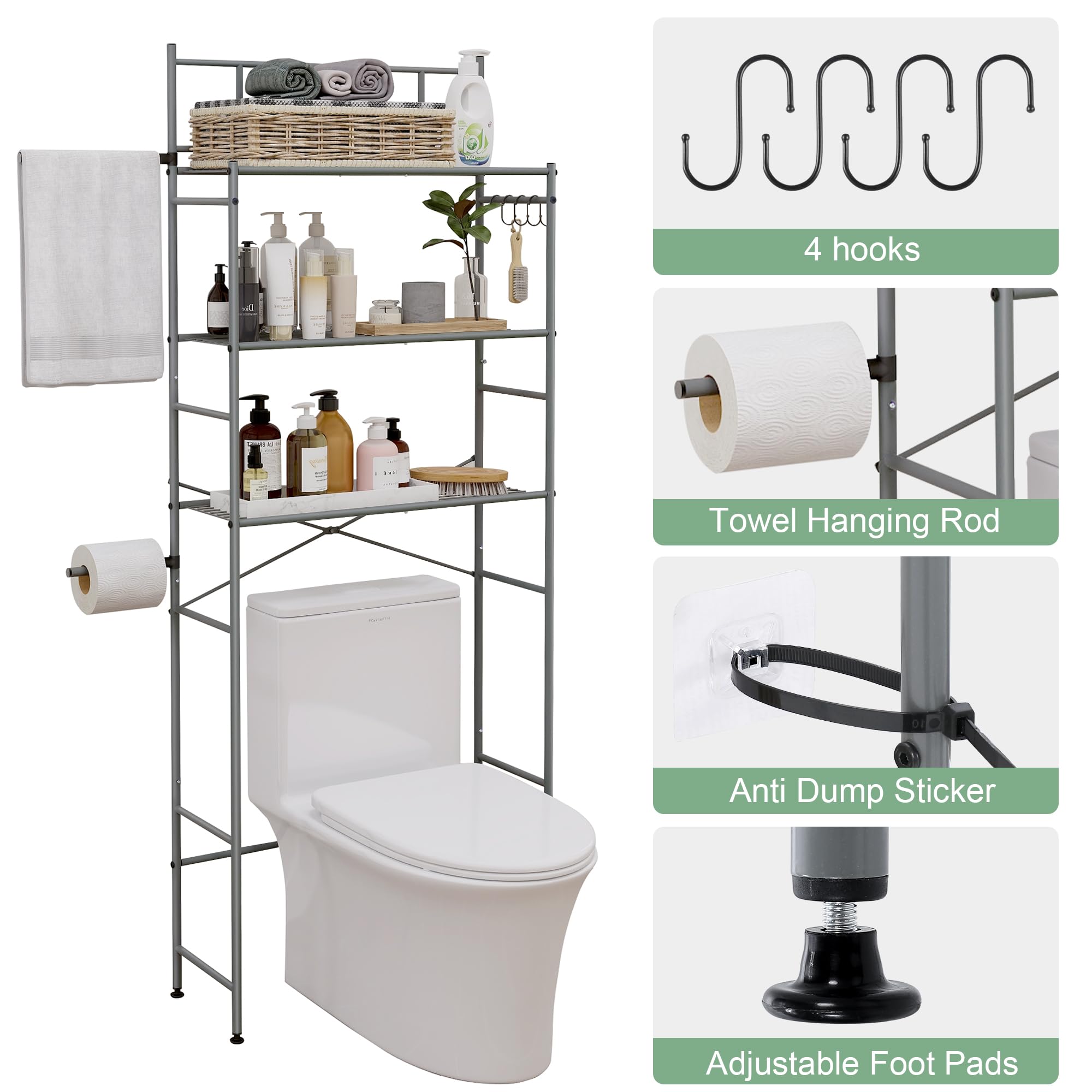 MallCreaty Over The Toilet Storage, 3 Tier Bathroom Organizer Shelf with X-Shaped Bar, Above Toilet Storage Rack with 4 Hooks, Grey