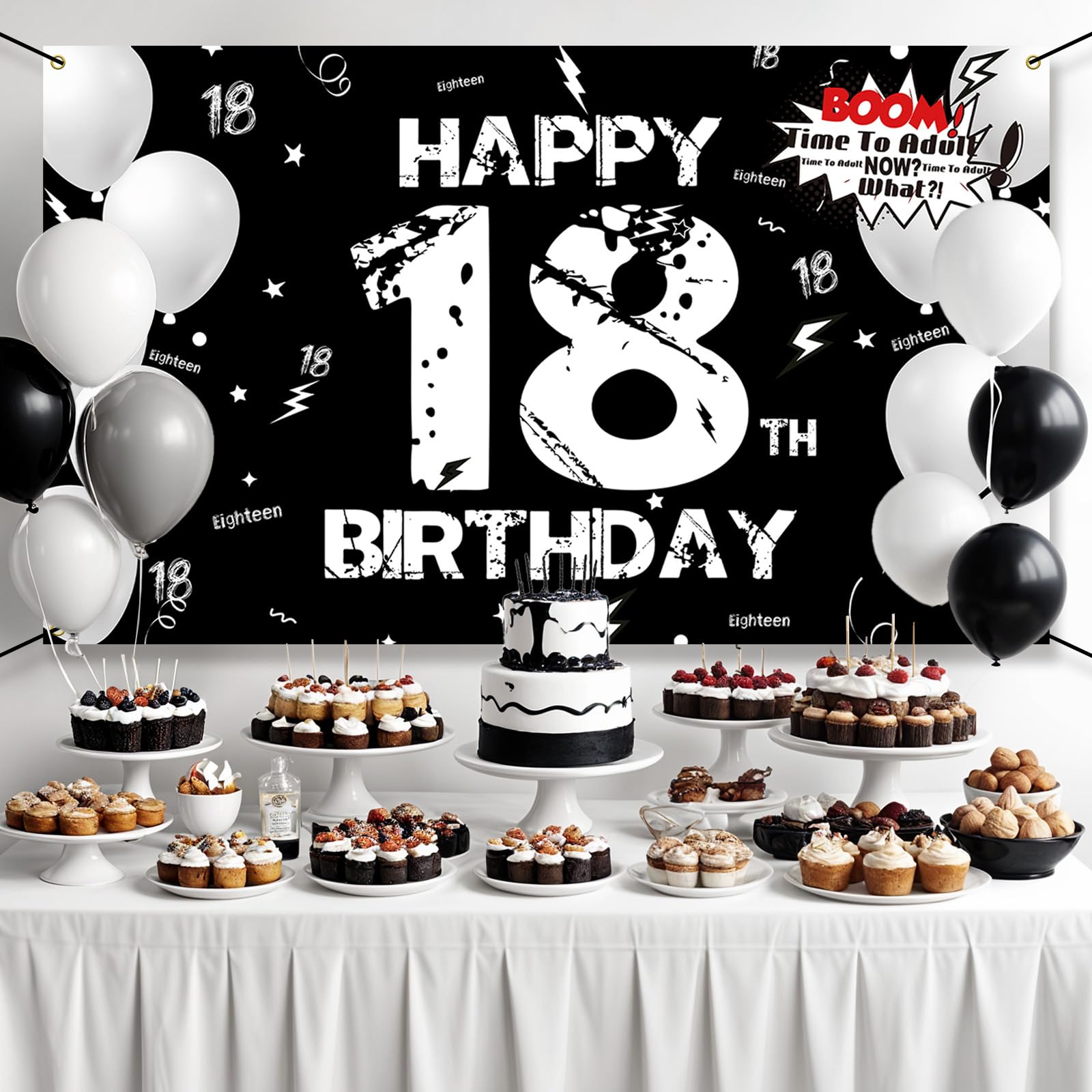 PHXEY 18th Birthday Decoration for Men Women, Fabric Happy 18th Birthday Backdrop Banner Black White, 18 Year Old Birthday Party Yard Sign Photo Booth Props Decor Supplies for Boys Girls