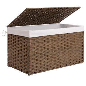 StorageWorks Storage Basket with Lid, 160 Liter Storage Box, Wicker Blanket Storage Basket with Handles, Foldable, Removable Fabric Liner, Metal Frame, For Bedroom, Laundry Room, Brown