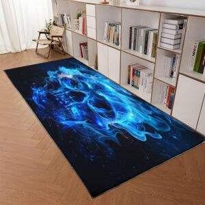 Generic Machine Washable Area Rug Non-Shedding & Easy Care Horror Theme, Skull, Blue Flames Rugs for Living Room, Dining, Kitchen, Office, Entryway, Bedroom, Hardwood Floor Decor 3ft x 5ft