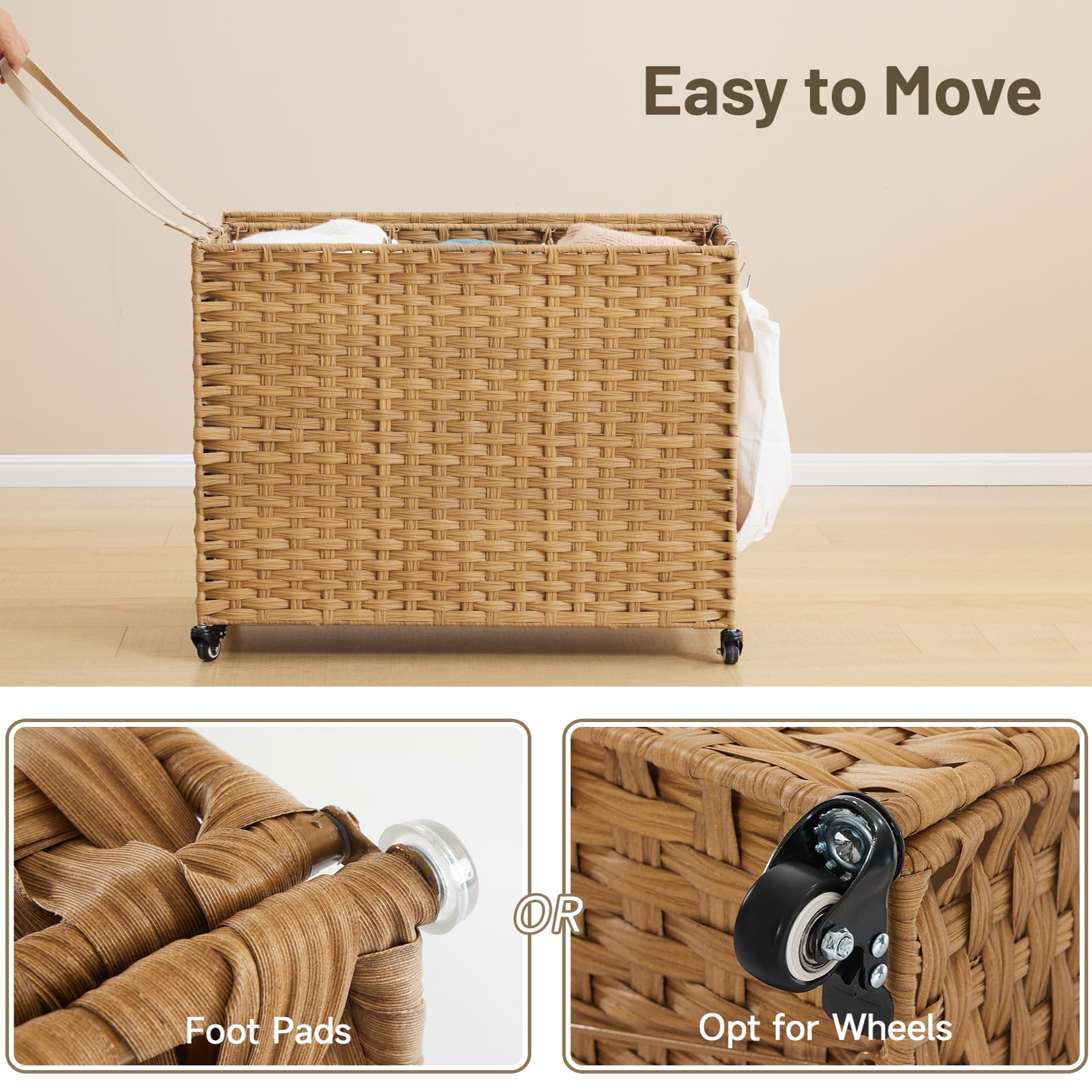 Laundry Hamper with Wheels, 52.8 Gallon(200L) Rolling Laundry Basket with Lid, 3-Section Rattan Clothes Hamper with 3 Removable Liner & 3 Mesh Laundry Bags, Laundry Sorter with Side Pocket, Natural