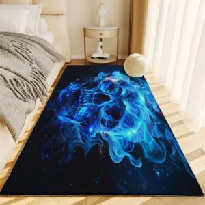 Generic Machine Washable Area Rug Non-Shedding & Easy Care Horror Theme, Skull, Blue Flames Rugs for Living Room, Dining, Kitchen, Office, Entryway, Bedroom, Hardwood Floor Decor 3ft x 5ft